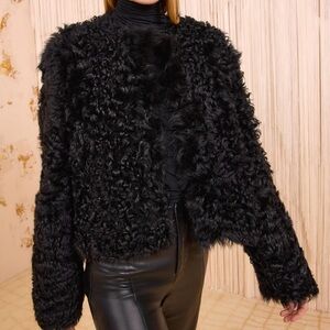 Painted Pony Black Shearling Cardigan Sweater Jacket Open Front Glam Goth Chic